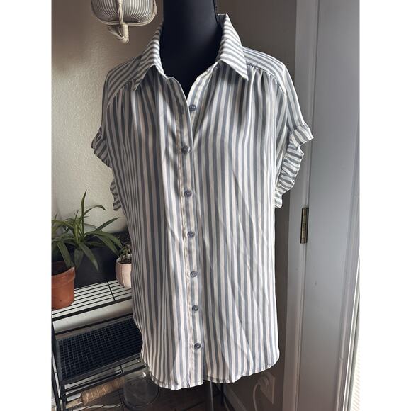 Pleione Blue White Striped Button Down Blouse With Puff Sleeves Business Casual - Picture 1 of 7